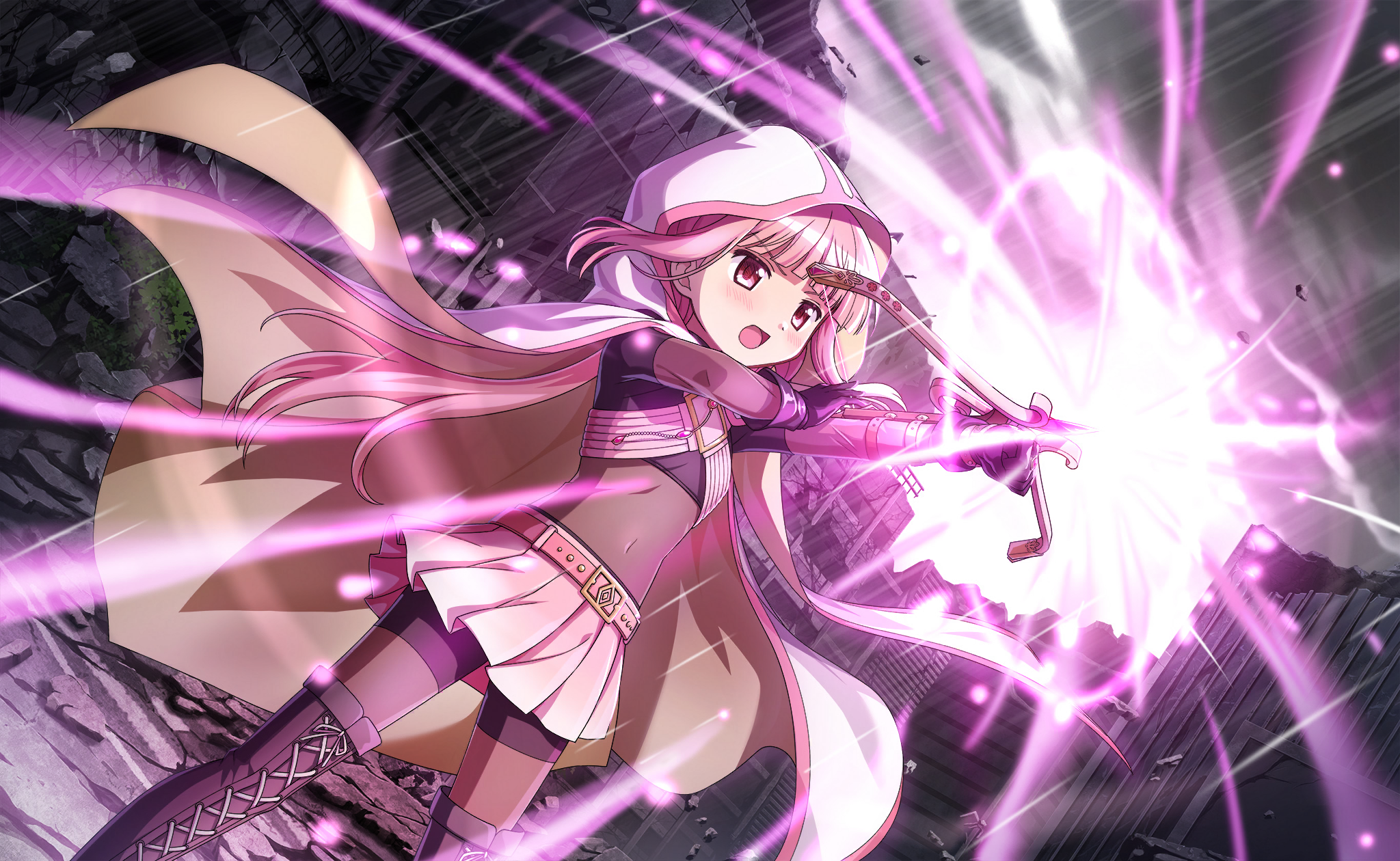tamaki iroha, magia record: mahou shoujo madoka magica gaiden, mahou shoujo madoka magica, mahou shoujo madoka magica magia exedra, artist request, game cg, highres, official art, 1girl, belt, belt buckle, black boots, black gloves, black shirt, black shorts, blunt bangs, bodystocking, boots, bow (weapon), buckle, cloak, cloud, cloudy sky, covered erect nipples, crop top, crossbow, determined, dot nose, dutch angle, feet out of frame, firing, floating clothes, floating hair, furrowed brow, gloves, gold buckle, holding, holding crossbow, holding weapon, hood, hood up, hooded cloak, lace-up boots, light blush, light particles, long hair, low ponytail, magic, magical girl, miniskirt, open mouth, outdoors, pink belt, pink eyes, pink hair, pink skirt, pleated skirt, ponytail, rain, ruins, shirt, short sleeves, shorts, shorts under skirt, sidelocks, skirt, sky, solo, studded belt, thigh boots, very long hair, weapon, white cloak