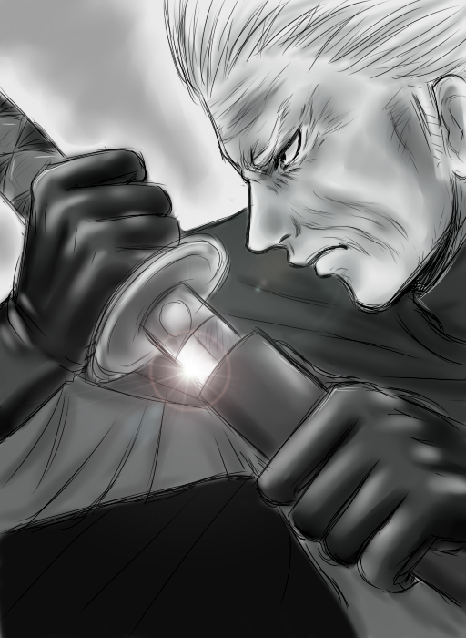 dawngodsound, kataribe (pixiv), fritz, akatsuki blitzkampf, 1boy, gloves, greyscale, katana, lens flare, male focus, monochrome, sketch, solo, sword, weapon