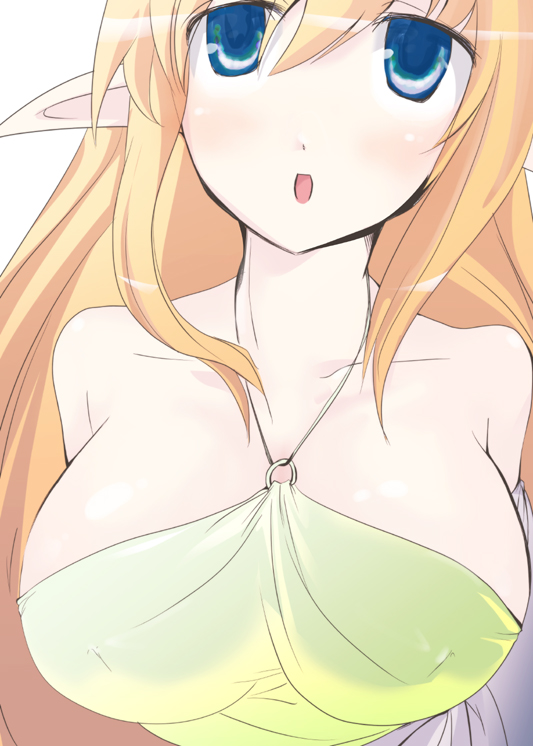 soyoking, tiffania westwood, zero no tsukaima, 00s, bare shoulders, blue eyes, breasts, brown hair, dress, elf, huge breasts, pointy ears, solo