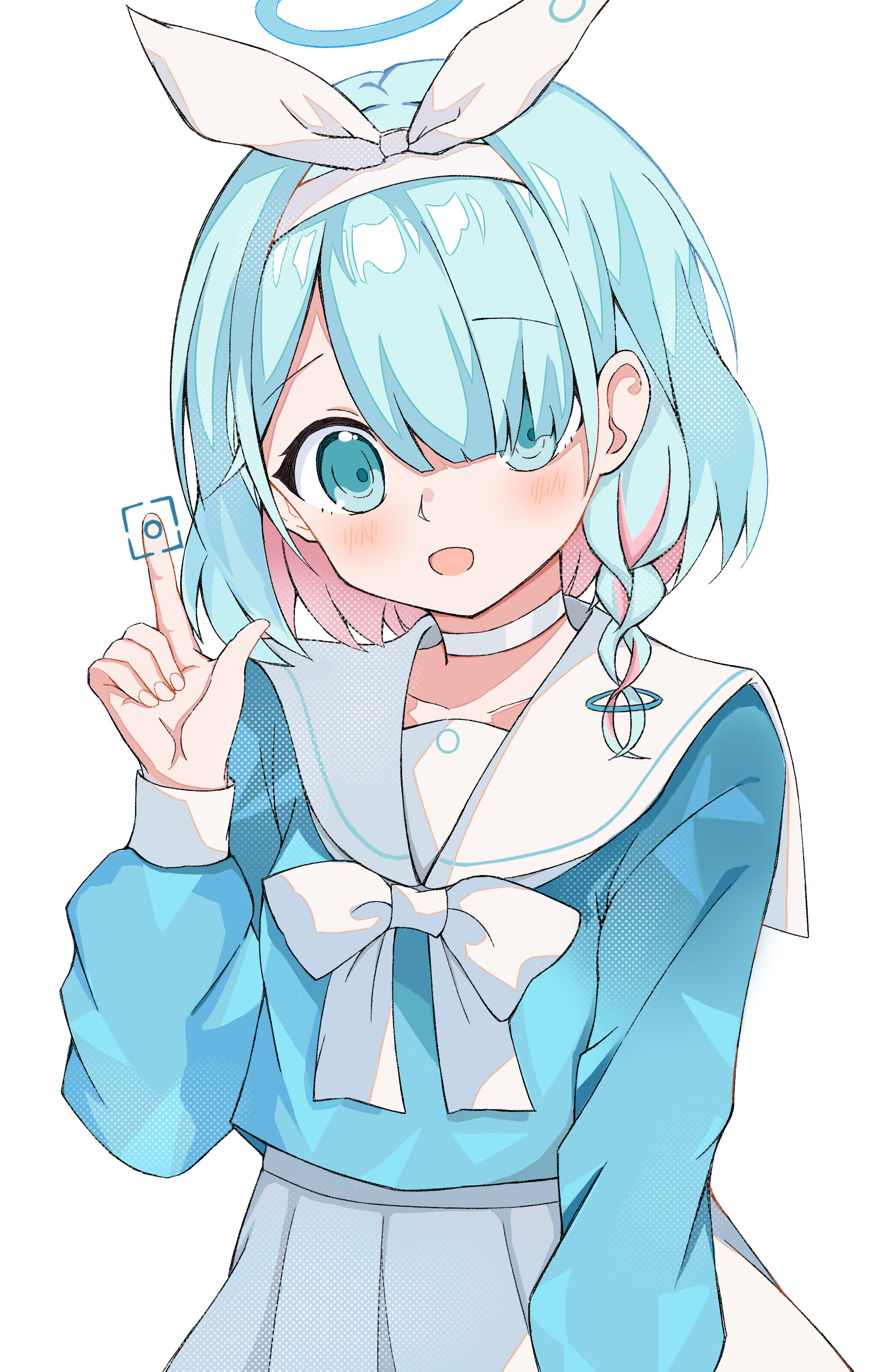 setteiset, arona (blue archive), blue archive, absurdres, commentary, highres, 1girl, :d, blue eyes, blue hair, blue halo, blue shirt, blunt ends, blush, bow, bowtie, braid, choker, collarbone, cowboy shot, eyelashes, hair bow, hair over one eye, hairband, halo, hand up, index finger raised, long bangs, long sleeves, looking at viewer, open mouth, pleated skirt, puffy long sleeves, puffy sleeves, sailor collar, school uniform, serafuku, shirt, simple background, single braid, skirt, smile, solo, tareme, white background, white bow, white bowtie, white choker, white hairband, white sailor collar, white skirt