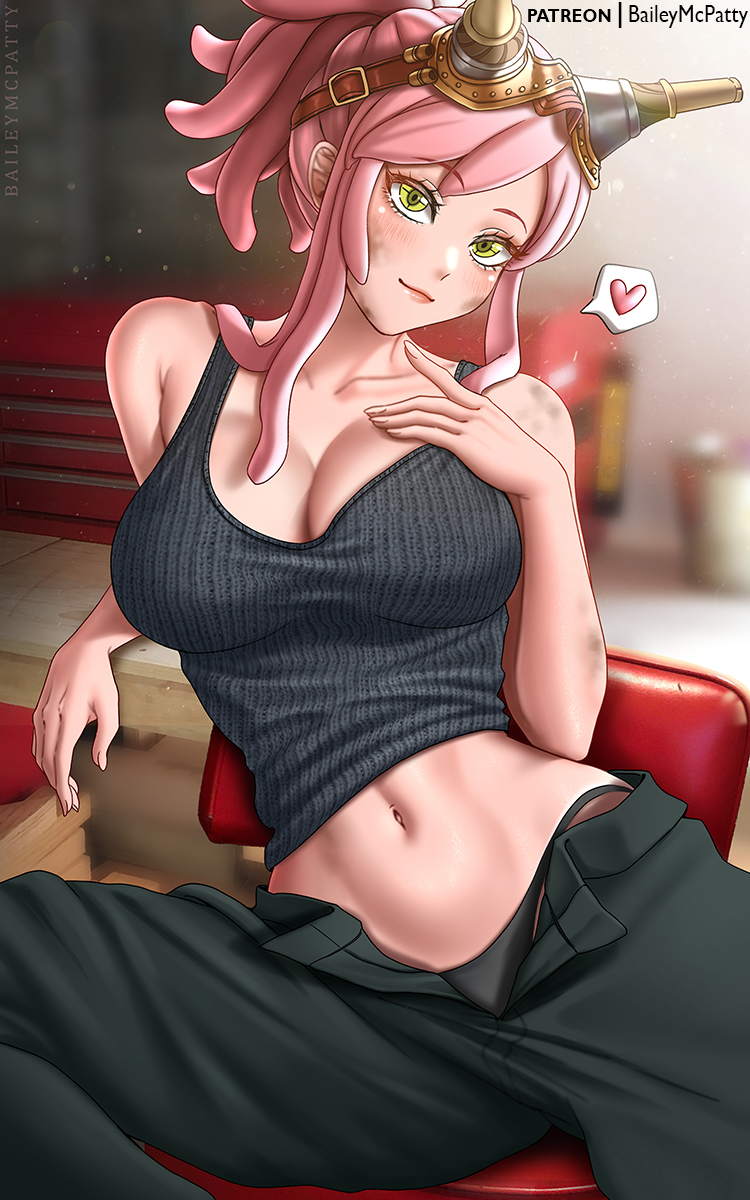 baileymcpatty, hatsume mei, boku no hero academia, commentary, highres, mixed-language commentary, paid reward available, 1girl, artist name, bare shoulders, black tank top, blurry, blurry background, breasts, cleavage, closed mouth, collarbone, dirty, goggles, goggles on head, green eyes, green pants, hand on own chest, heart, large breasts, looking at viewer, midriff, navel, open fly, pants, patreon username, pink hair, ribbed tank top, sitting, smile, solo, spoken heart, tank top