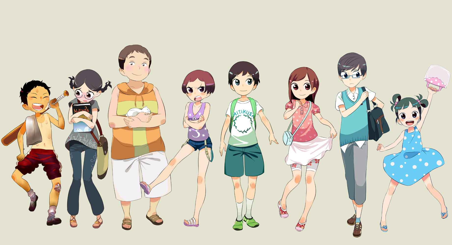 rakuraku, original, highres, 4boys, 4girls, bag, baseball bat, blush, book, braid, casual, child, dress, glasses, multiple boys, multiple girls, short hair, shorts, twin braids, waving