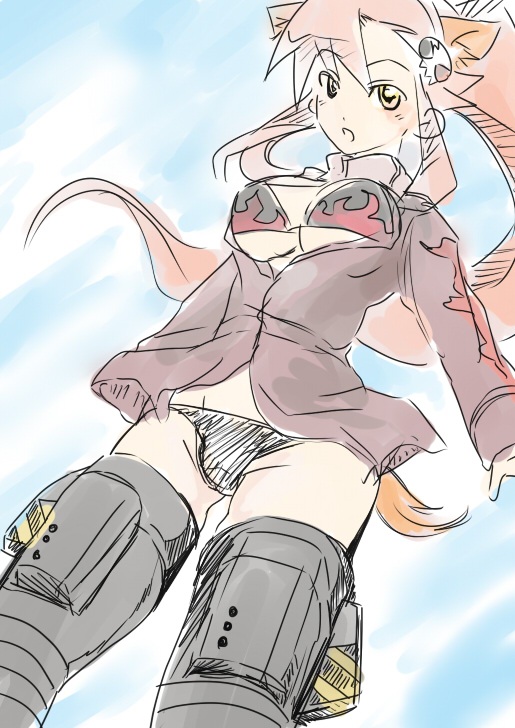 soyoking, yoko littner, strike witches, tengen toppa gurren lagann, world witches series, 1girl, animal ears, black panties, female focus, lowleg, lowleg panties, no pants, panties, parody, red hair, solo, striker unit, tail, underwear, yellow eyes