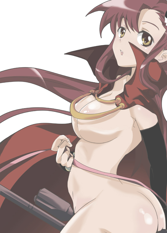 soyoking, yoko littner, tengen toppa gurren lagann, 00s, anti-materiel rifle, cape, censored, censored nipples, convenient censoring, gun, naked cape, nude, red hair, rifle, sniper rifle, solo, weapon, yellow eyes