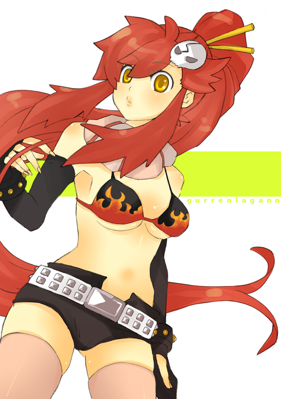mayuzumi, yoko littner, tengen toppa gurren lagann, 00s, 1girl, bikini, bikini top only, breasts, brown eyes, elbow gloves, female focus, gloves, long hair, medium breasts, open pants, pants, ponytail, red hair, scarf, short shorts, shorts, solo, swimsuit, thighhighs, underboob