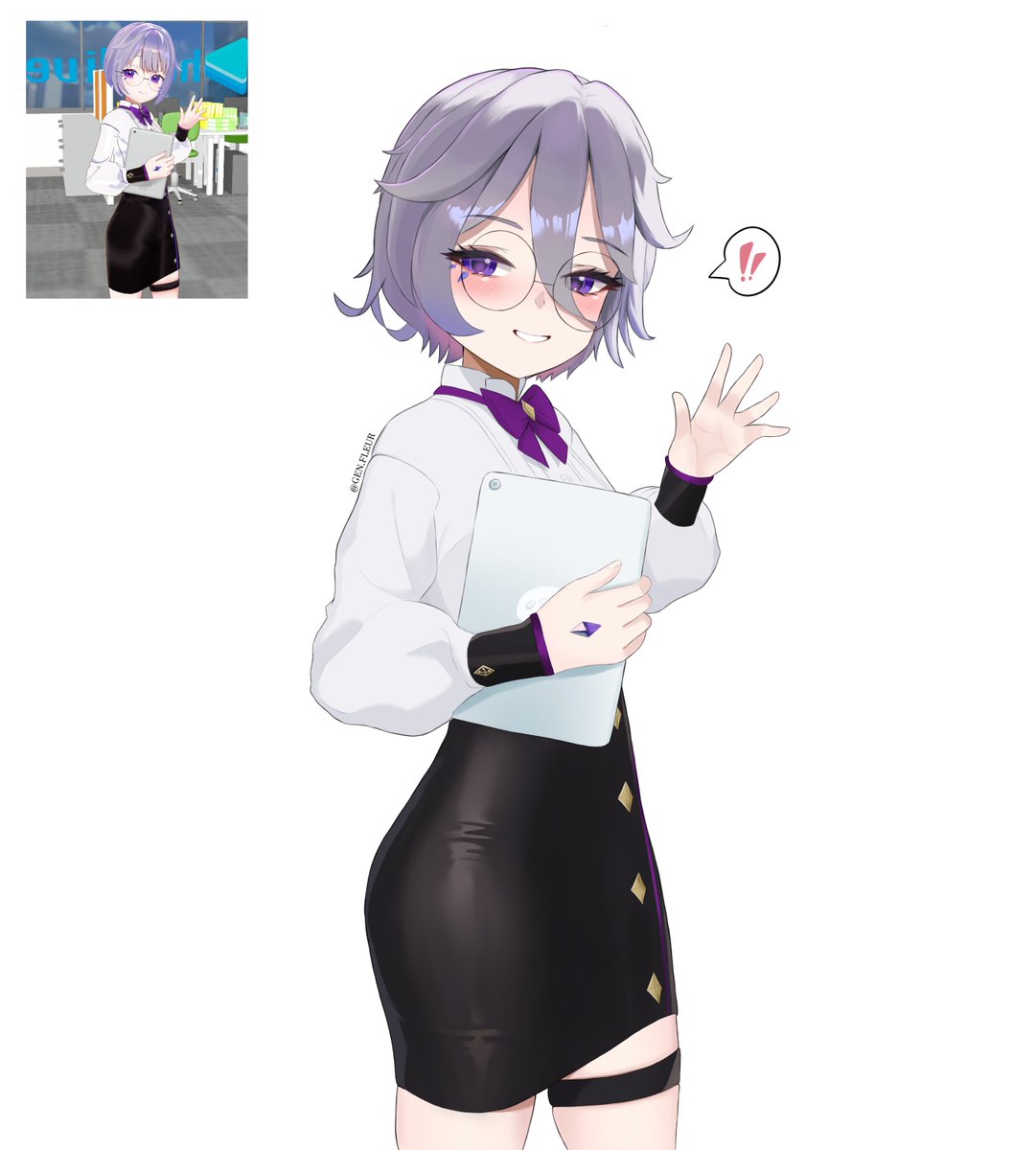 gen.fleur, koseki bijou, hololive, hololive english, highres, !, !!, 1girl, black skirt, gem, glasses, grey hair, pencil skirt, purple eyes, purple gemstone, round eyewear, screenshot inset, shirt, simple background, skirt, solo, speech bubble, spoken exclamation mark, virtual youtuber, waving, white background, white shirt