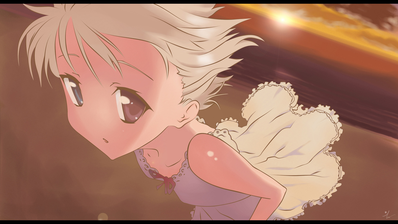 ivan barrientos, ezomori nozomu, 5pb., kanokon, silver hair, anime screenshot, game cg, third-party edit, 00s, 1girl, beach, blue eyes, cloud, dress, female focus, flat chest, heterochromia, letterboxed, no nose, open mouth, outdoors, purple eyes, short hair, sky, solo, sun, sunset, water, wind, wind lift