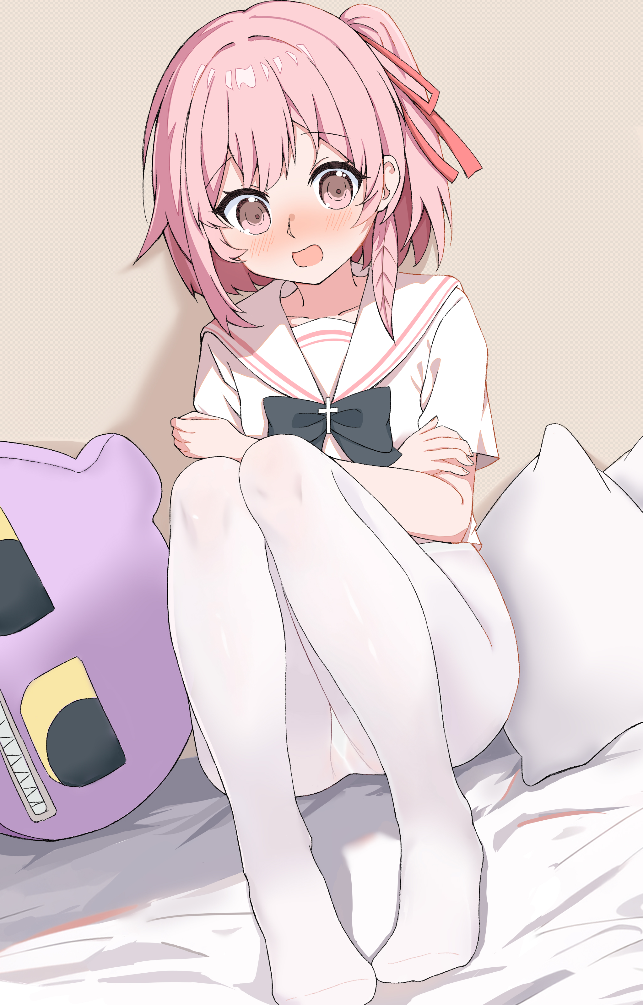setteiset, serina (blue archive), blue archive, absurdres, commentary, highres, 1girl, black bow, black bowtie, blush, bow, bowtie, cross ornament, crossed arms, dutch angle, embarrassed, feather hair, feet, full body, hair between eyes, hair intakes, hair ribbon, indoors, knees up, legs, legs together, looking at viewer, no headwear, no pants, no shoes, nose blush, on bed, one side up, open mouth, panties, panties under pantyhose, pantyhose, pillow, pink eyes, pink hair, red ribbon, ribbon, sailor collar, school uniform, serafuku, shirt, short sleeves, sitting, solo, tareme, toes, underwear, white pantyhose, white sailor collar, white shirt