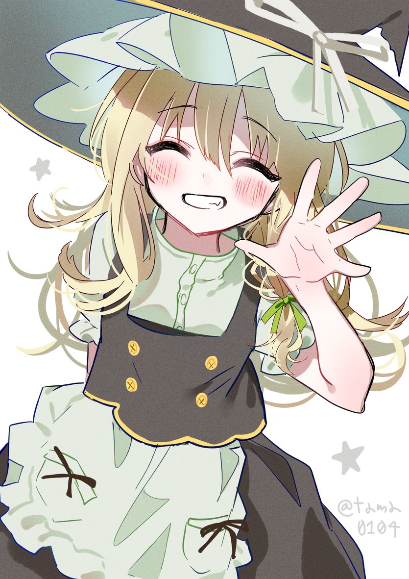 tamagogayu1998, kirisame marisa, touhou, 1girl, :d, ^ ^, apron, arm behind back, black hat, black skirt, black vest, blonde hair, blush, buttons, closed eyes, cowboy shot, facing viewer, green ribbon, grin, hair between eyes, hair ribbon, hand up, hat, hat ribbon, long hair, open mouth, pocket, puffy short sleeves, puffy sleeves, ribbon, shirt, short sleeves, simple background, skirt, smile, solo, star (symbol), twitter username, vest, waist apron, waving, white apron, white background, white ribbon, white shirt
