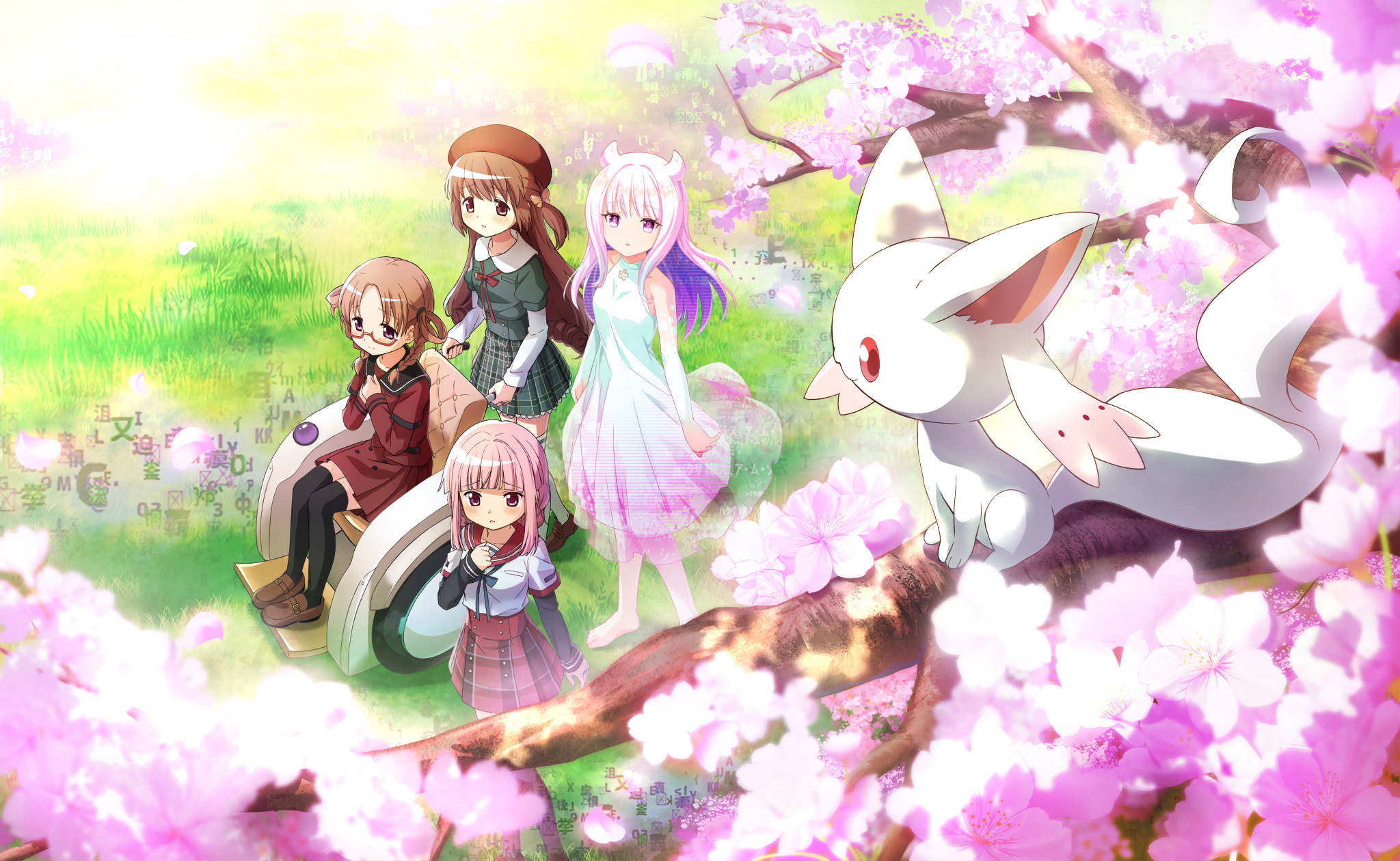 eternal sakura, hiiragi nemu, satomi touka, small kyubey, tamaki iroha, magia record: mahou shoujo madoka magica gaiden, mahou shoujo madoka magica, mahou shoujo madoka magica magia exedra, artist request, game cg, highres, official art, 4girls, :o, above-cleavage cutout, aqua bow, aqua bowtie, bare shoulders, barefoot, beret, black sailor collar, black sleeves, black thighhighs, blunt bangs, bow, bowtie, braid, branch, breast pocket, brown hair, brown shoes, buttons, chair, cherry blossom print, cherry blossoms, closed mouth, clothing cutout, collarbone, collared shirt, colored inner hair, day, detached sleeves, dress, eyelashes, falling petals, feet, field, floral print, flower, flower cutout, full body, glasses, glitch, gradient clothes, gradient dress, green dress, green shirt, green skirt, hair bow, hair horns, hair over shoulder, hair rings, halter dress, halterneck, hand on own chest, hands on own chest, happy, hat, high-waist skirt, kamihama university affiliated school uniform, lace, lace-trimmed skirt, lace trim, layered sleeves, lens flare, light particles, light rays, long hair, long sleeves, looking to the side, low ponytail, miniskirt, multicolored hair, multiple girls, on chair, one side up, orange bow, outdoors, own hands together, petals, pink dress, pink flower, pink hair, pink pupils, plaid clothes, plaid skirt, pleated dress, pleated skirt, pocket, ponytail, print dress, purple eyes, purple hair, pushing wheelchair, red-framed eyewear, red bow, red bowtie, red hat, red sailor collar, red skirt, red sleeves, sailor collar, sankyoin academy school uniform, school uniform, shirt, shoes, short over long sleeves, short sleeves, side braids, sidelocks, sitting, skirt, skirt set, sleeves past wrists, smile, spring (season), st. liliana's academy school uniform, sundress, sunlight, tareme, thighhighs, toes, twin braids, two-tone hair, uwabaki, very long hair, wheelchair, white shirt, white sleeves, white thighhighs, worried, zettai ryouiki
