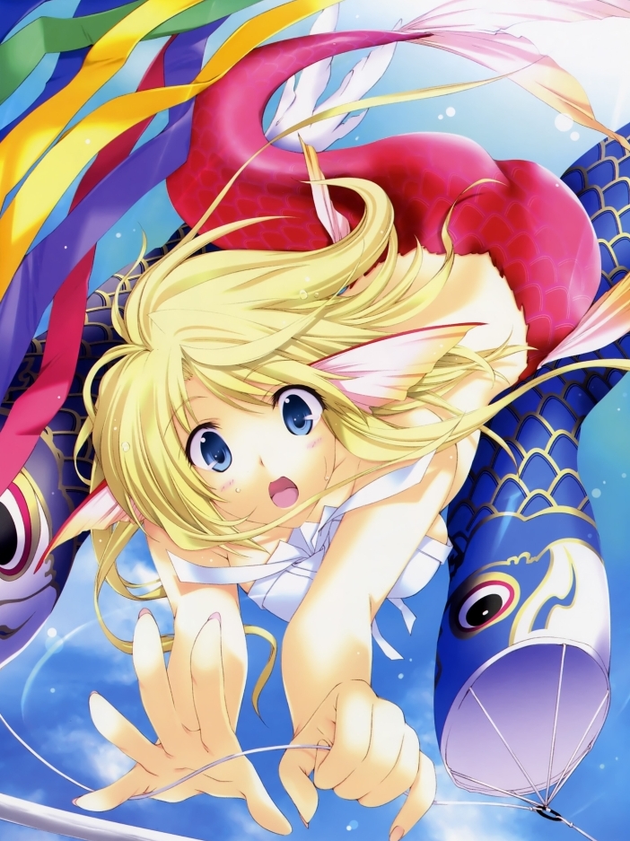 iizuki tasuku, 1girl, ass, blonde hair, blue eyes, falling, female focus, fins, head fins, koinobori, mermaid, monster girl, open mouth, scales, solo, sweatdrop, upside-down, windsock