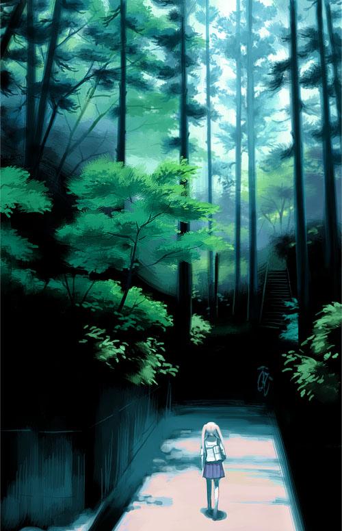 1girl, bicycle, female focus, forest, nature, pink hair, scenery, school uniform, serafuku, solo, stairs, tree, twintails, walking