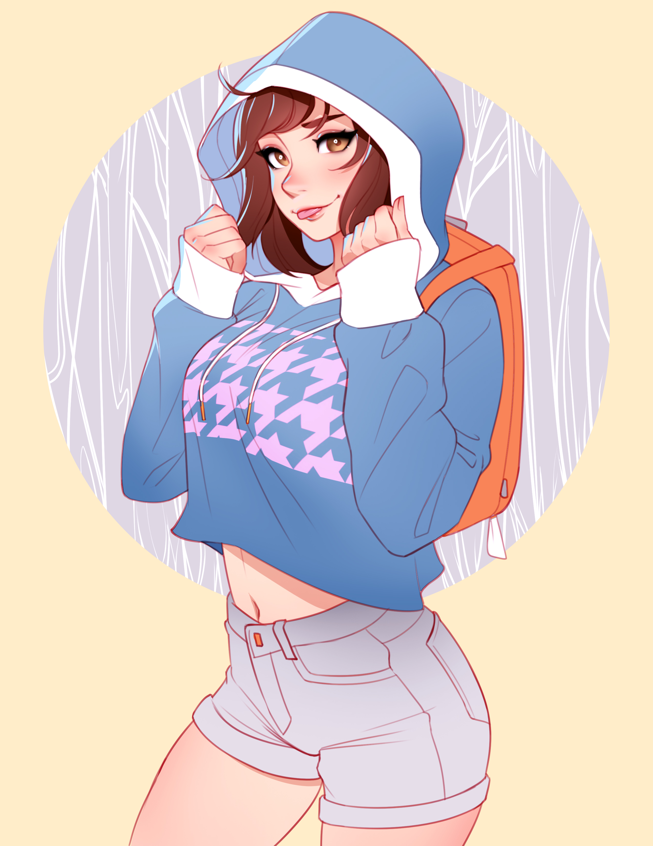 tsuaii, original, absurdres, highres, 1girl, :p, backpack, bag, blue hoodie, breasts, brown eyes, brown hair, crop top, eyelashes, hood, hood up, hoodie, large breasts, leah koenig, lips, long sleeves, looking at viewer, midriff, navel, short shorts, shorts, sidelocks, simple background, sleeves past wrists, solo, standing, tongue, tongue out