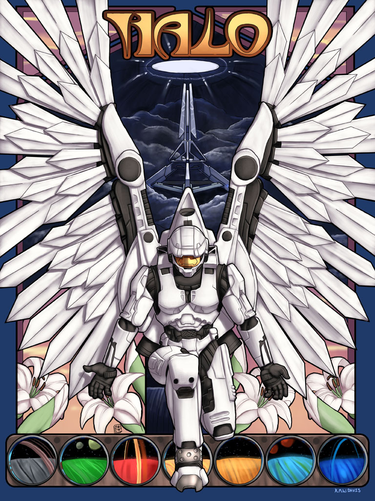 pinkuh, spartan (halo), halo (series), halo 2, commentary, english commentary, 1boy, armor, assault visor, black gloves, cloud, copyright name, facing down, flower, gloves, halo installation, helmet, kneeling, lily (flower), male focus, mechanical wings, open hands, power armor, solo, white flower, white helmet, wings