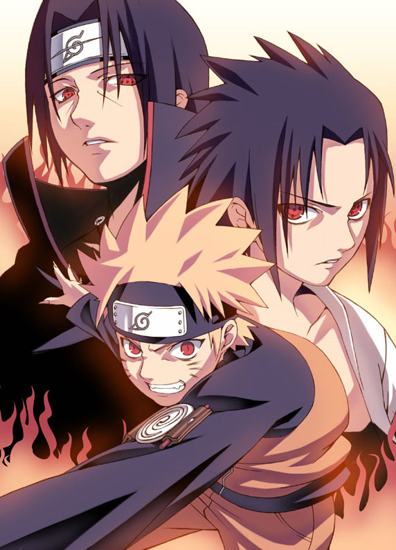 tasaka shinnosuke, uchiha itachi, uchiha sasuke, uzumaki naruto, naruto (classic), naruto (series), 3boys, blonde hair, brothers, eyelashes, facial mark, fingernails, fire, half-closed eyes, long fingernails, male focus, multiple boys, red eyes, sharp fingernails, siblings, simple background, spiked hair, track suit, v-shaped eyebrows, whisker markings, white background