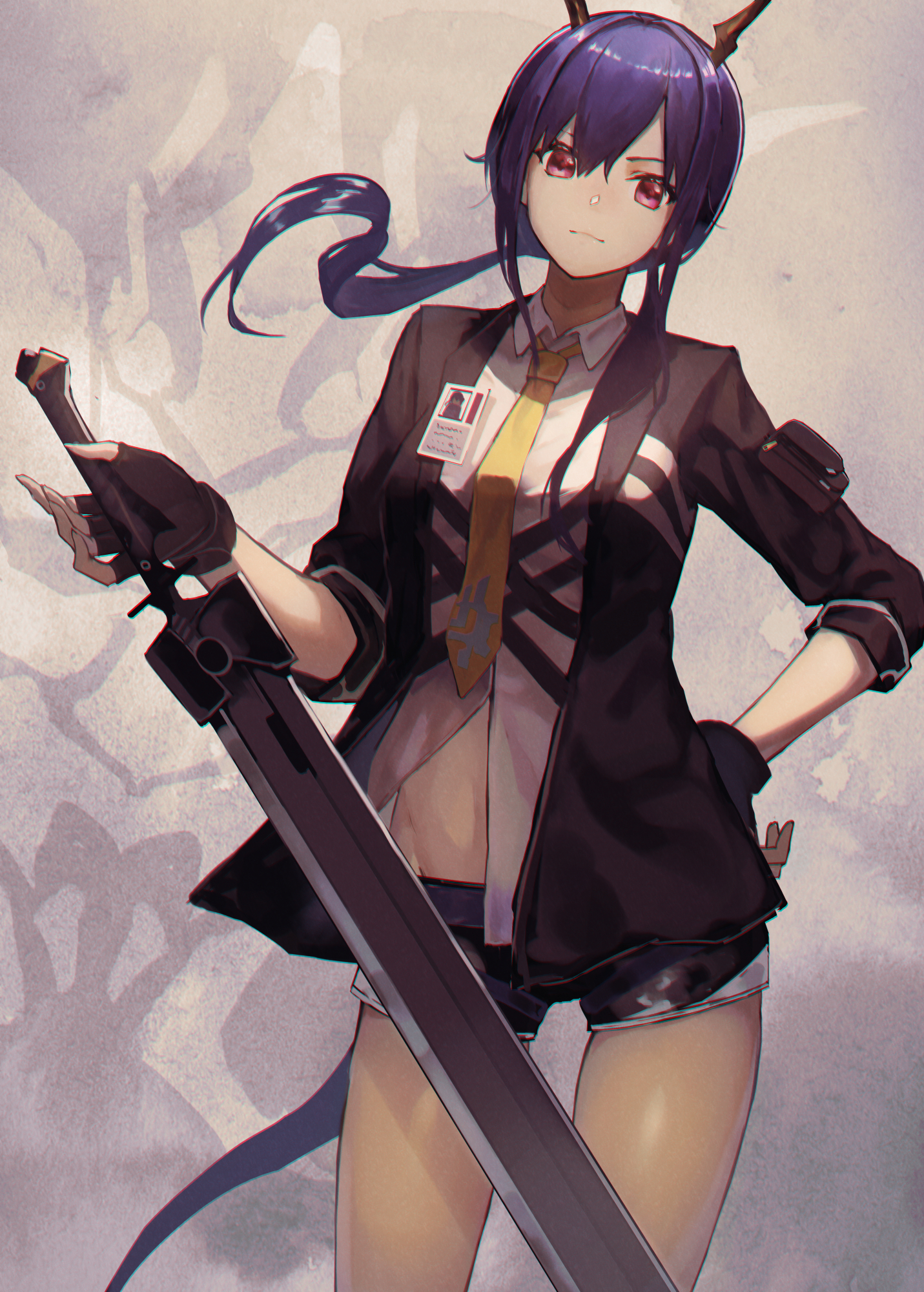 aito, ch'en (arknights), arknights, commentary request, highres, 1girl, black gloves, black jacket, black shorts, blue hair, blue tail, breasts, closed mouth, collared shirt, cowboy shot, dragon girl, dragon horns, dragon tail, fingerless gloves, gloves, hair between eyes, holding, holding sword, holding weapon, horns, id card, jacket, light smile, long hair, looking at viewer, necktie, red eyes, shirt, short shorts, shorts, solo, sword, tail, weapon, white shirt, yellow necktie