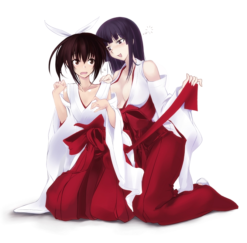 2girls, breasts, brown eyes, brown hair, cleavage, detached sleeves, drunk, hakama, hakama skirt, japanese clothes, miko, multiple girls, purple eyes, purple hair, red hakama, ribbon, skirt, yuri