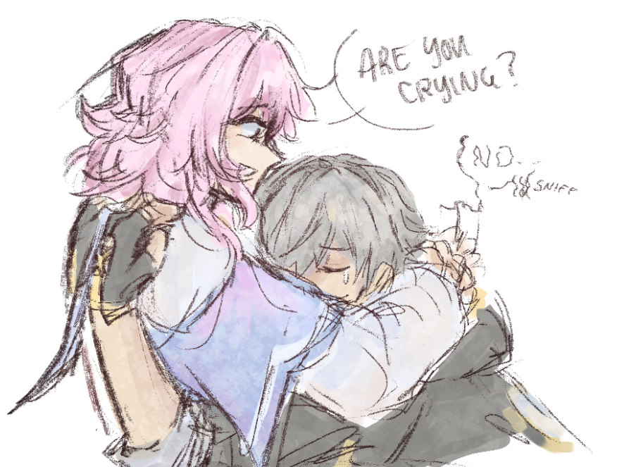 caelus (honkai: star rail), march 7th (honkai: star rail), march 7th (preservation) (honkai: star rail), trailblazer (honkai: star rail), honkai: star rail, honkai (series), commentary, english commentary, 1boy, 1girl, black coat, black gloves, blue jacket, closed eyes, coat, covered mouth, eliosunny, english text, fingerless gloves, from behind, gloves, grey hair, hair between eyes, hands on another's back, hetero, hood, hooded coat, hug, jacket, long sleeves, looking at another, open mouth, pink hair, puffy long sleeves, puffy sleeves, shirt, short hair, sidelocks, smile, speech bubble, tearing up, upper body, white shirt