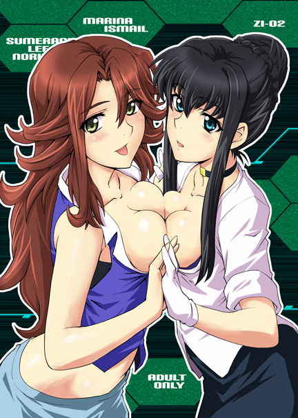 mutsuki ginji, marina ismail, sumeragi lee noriega, gundam, gundam 00, 00s, 2girls, black hair, blue eyes, blush, breast press, breasts, brown eyes, brown hair, cover, cover page, gloves, hair bun, holding hands, large breasts, long hair, midriff, multiple girls, open clothes, open shirt, shirt, single hair bun, symmetrical docking, tongue, yuri