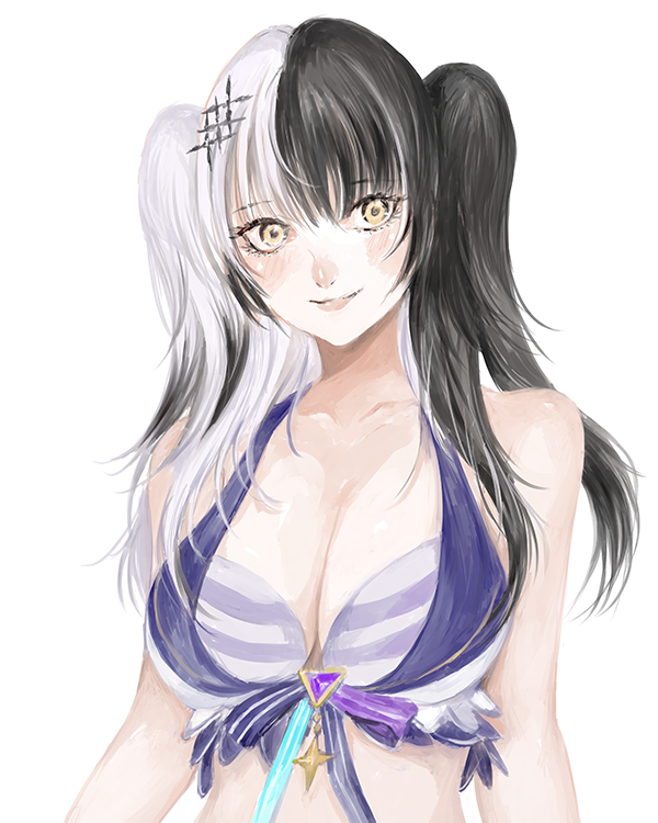 shiori novella, hololive, hololive english, 1girl, bikini, black hair, breasts, cleavage, closed mouth, hololive summer 2023 swimsuit, large breasts, light smile, long hair, looking at viewer, multicolored hair, official alternate costume, official alternate hairstyle, polyanthusonly, simple background, solo, split-color hair, striped bikini, striped clothes, swimsuit, twintails, two-tone hair, virtual youtuber, white background, white hair, yellow eyes