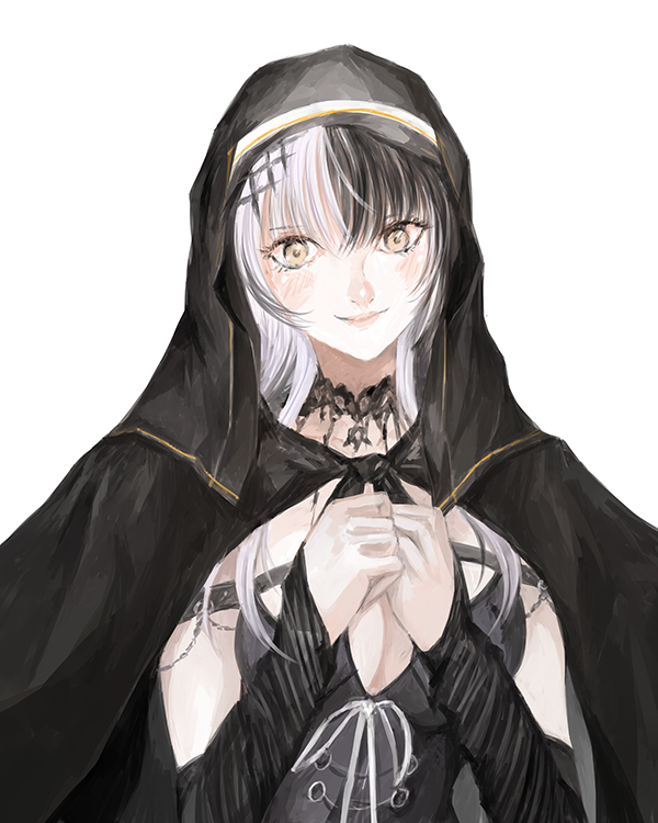 shiori novella, shiori novella (1st costume), hololive, hololive english, 1girl, arm strap, black arm warmers, black dress, black hair, breasts, cleavage, closed mouth, dress, large breasts, long hair, looking at viewer, multicolored hair, nun, own hands together, polyanthusonly, ribbon, simple background, solo, split-color hair, striped arm warmers, two-tone hair, virtual youtuber, white background, white hair, white ribbon, yellow eyes