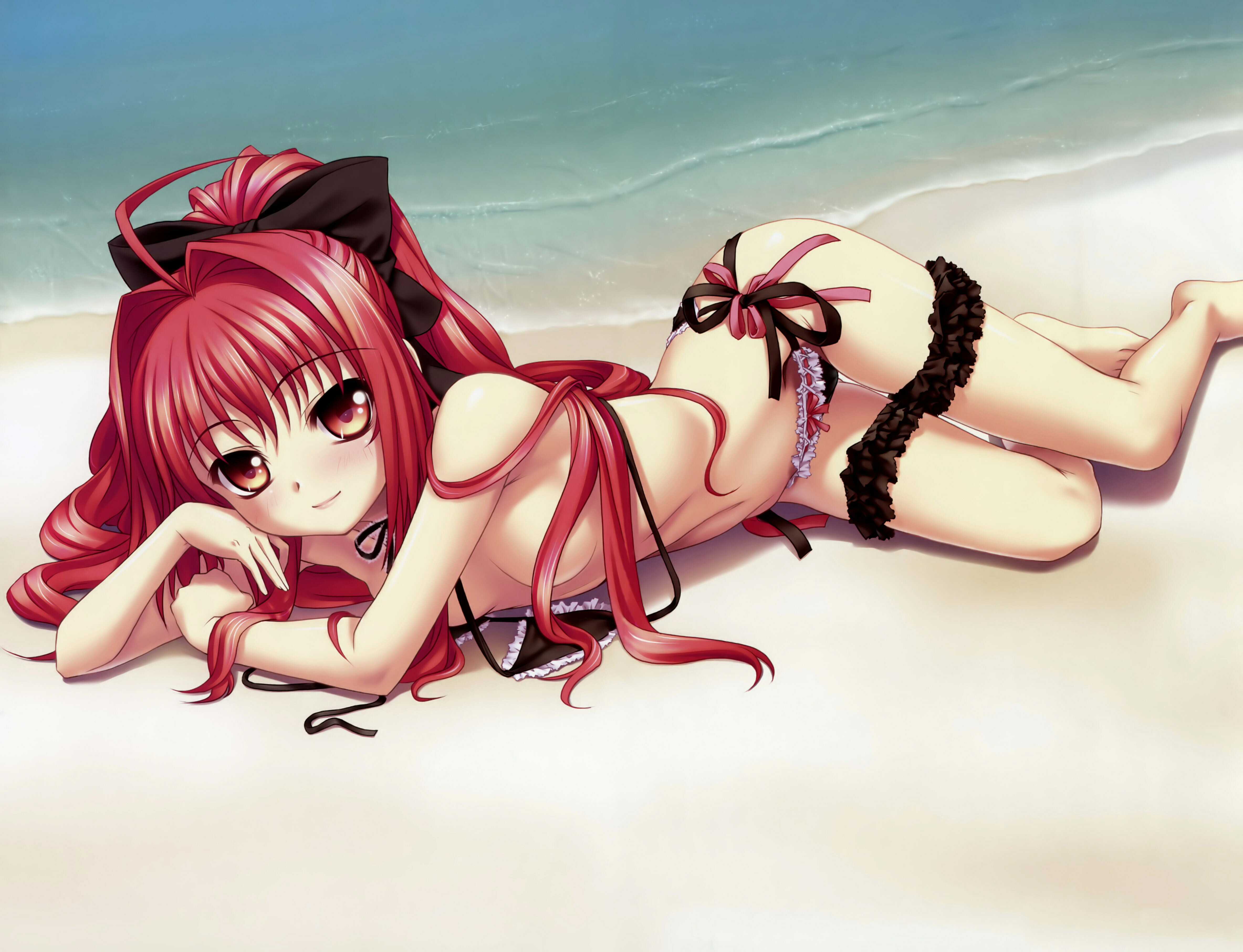 kannatsuki noboru, corticarte apa lagranges, shinkyoku soukai polyphonica, absurdres, highres, non-web source, 00s, 1girl, barefoot, beach, bikini, black bikini, blush, censored, censored nipples, day, feet, female focus, hair ribbon, hair spread out, lips, long hair, lying, red eyes, red hair, ribbon, side-tie bikini bottom, smile, solo, swimsuit, thigh strap, untied bikini