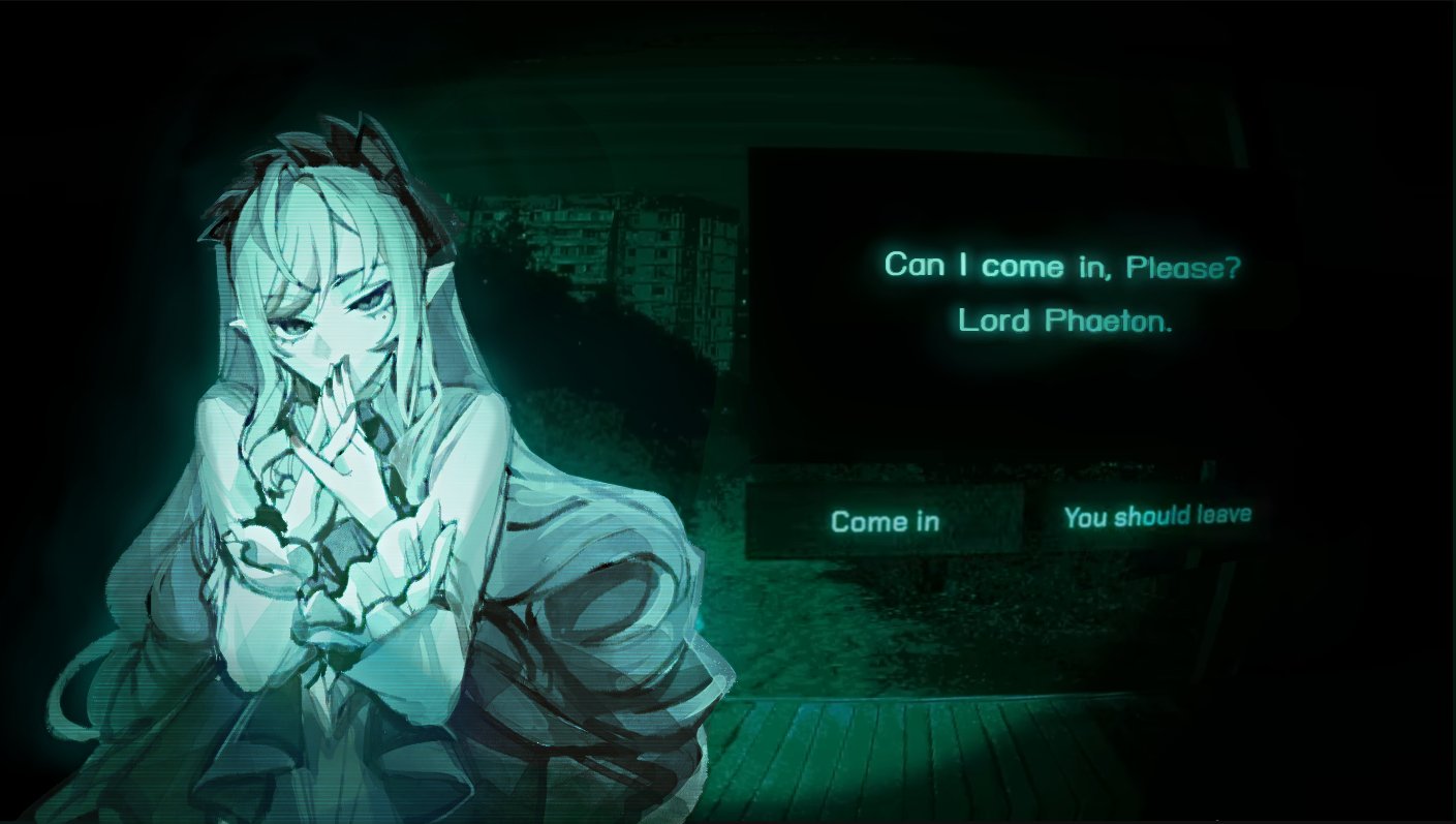 vivian banshee, no i'm not a human, zenless zone zero, commentary, english commentary, 1girl, dialogue box, dialogue options, drill hair, english text, game screenshot background, green theme, hairband, long hair, long sleeves, looking at viewer, paranomalzzz, pointy ears, pov peephole, screenshot background, solo, steepled fingers