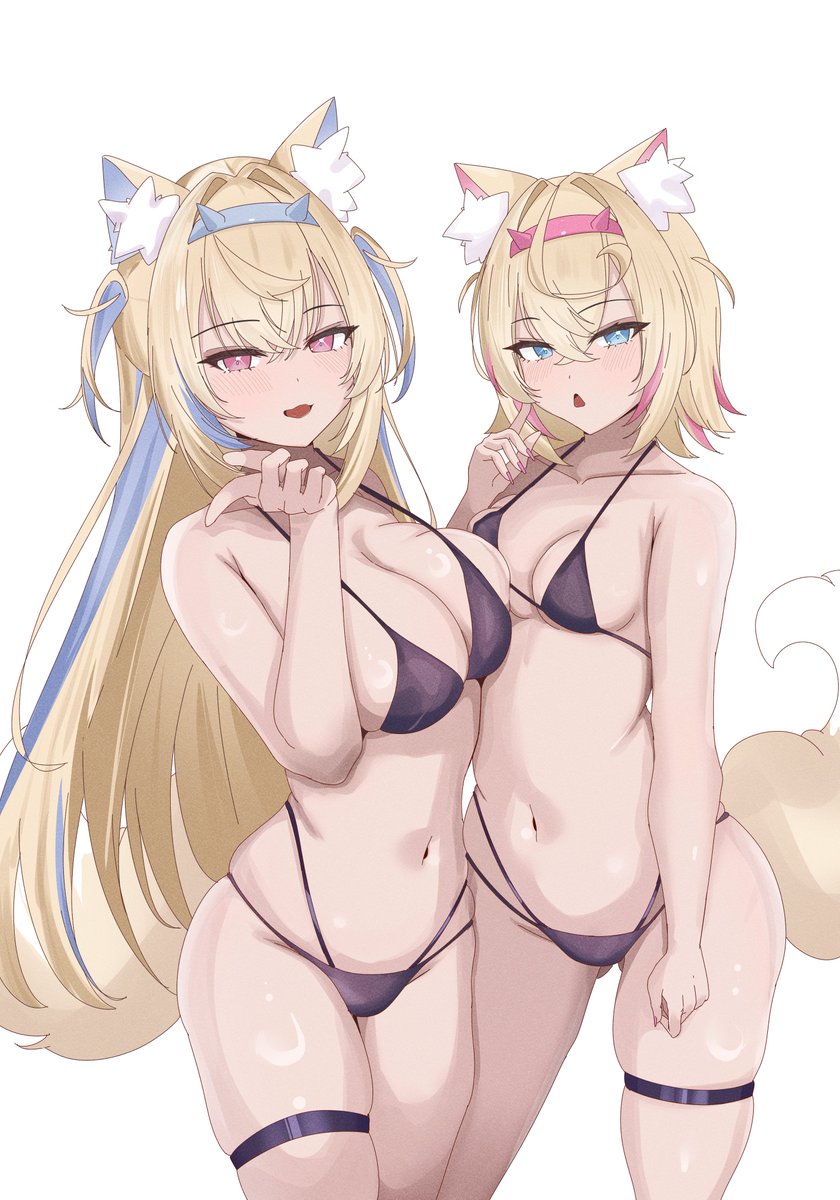 sasaki ikuya, fuwawa abyssgard, mococo abyssgard, hololive, hololive english, commentary, english commentary, highres, 2girls, alternate costume, animal ear fluff, animal ears, asymmetrical docking, bikini, black bikini, blue eyes, blue hairband, blue streaks, breast press, breasts, dog ears, dog girl, dog tail, hairband, horn hairband, large breasts, long hair, looking at viewer, medium hair, multiple girls, navel, open mouth, pink eyes, pink hairband, pink streaks, siblings, simple background, sisters, small breasts, swimsuit, tail, thigh strap, twins, two side up, virtual youtuber, white background
