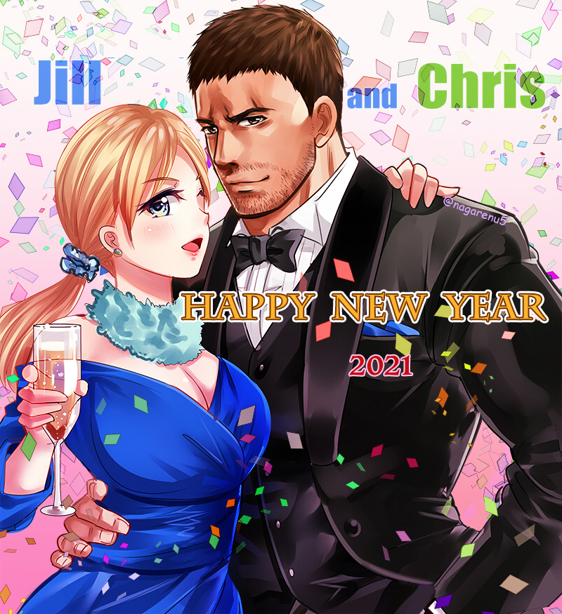 nagare, chris redfield, jill valentine, resident evil, resident evil 5, 1boy, 1girl, arm around shoulder, beard stubble, black bow, black bowtie, black hair, black jacket, blonde hair, blush, bow, bowtie, character name, facial hair, happy new year, jacket, looking at viewer, low ponytail, new year, ponytail, smile, stubble, tuxedo