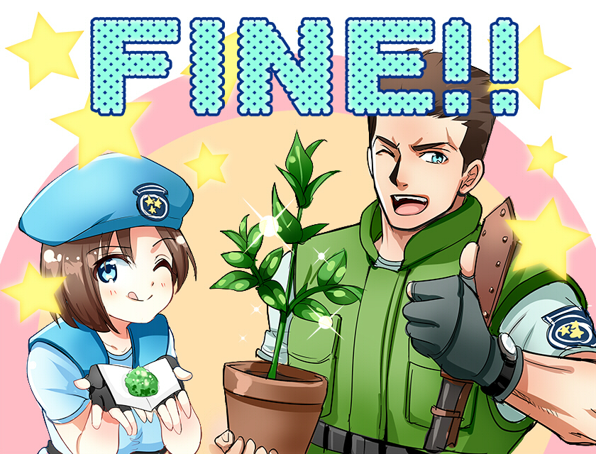 nagare, chris redfield, jill valentine, resident evil, resident evil 1, 1boy, 1girl, beret, black gloves, blue eyes, blue hat, fingerless gloves, gloves, hat, herb, looking at viewer, one eye closed, open mouth, plant, potted plant, smile, star (symbol), thumbs up, tongue, tongue out