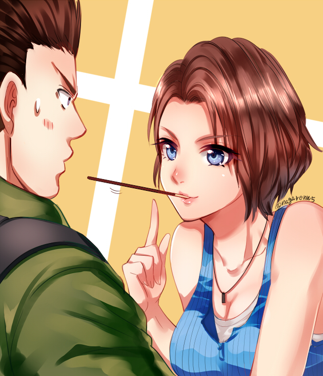 nagare, chris redfield, jill valentine, resident evil, 1boy, 1girl, artist name, black hair, blue eyes, blue shirt, blush, brown hair, food, food in mouth, jewelry, necklace, pocky, pocky in mouth, shirt, simple background, sweatdrop
