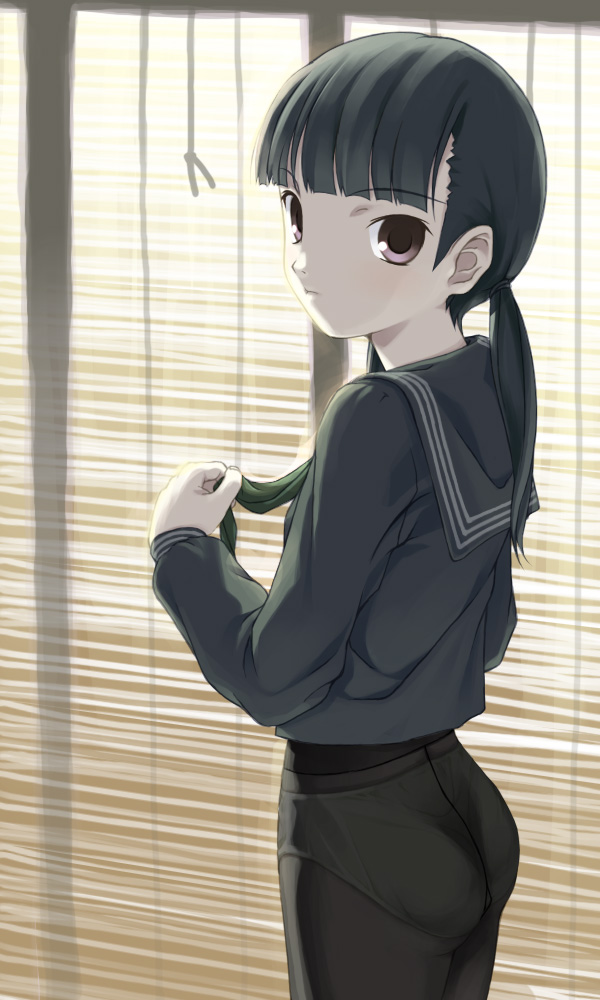 yousisi, mako-hime, princess mako, real life, 1girl, animification, ass, black hair, crotch seam, female focus, long hair, no pants, panties, panties under pantyhose, pantyhose, real life insert, school uniform, see-through clothes, serafuku, solo, twintails, underwear
