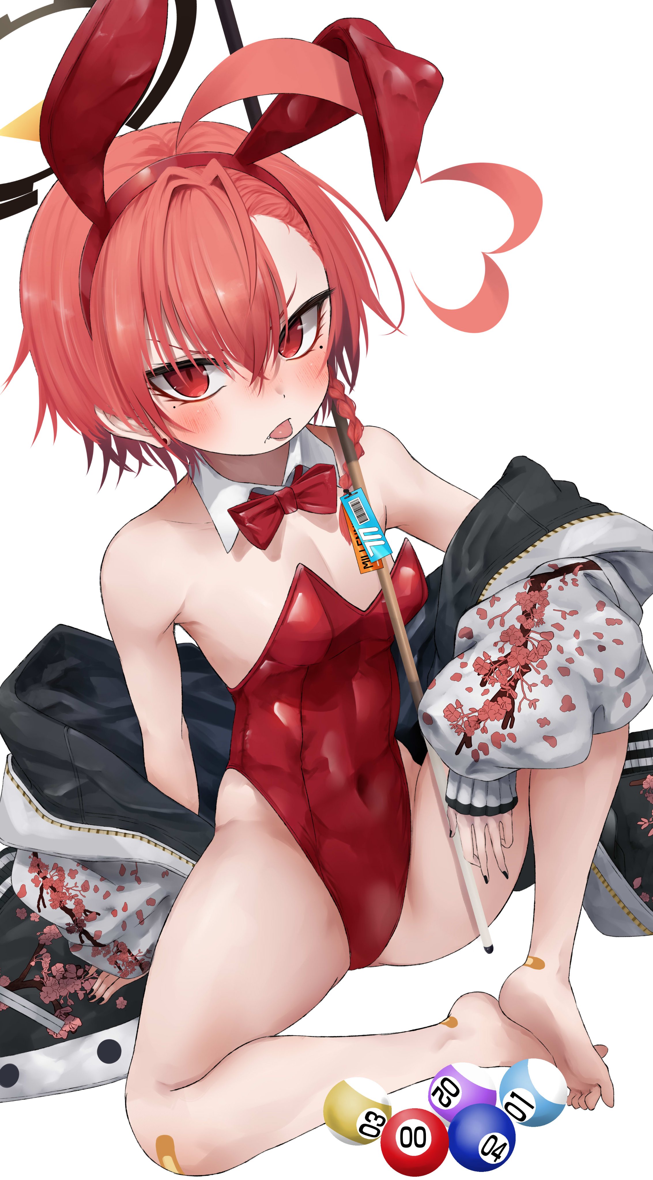 belicontu, neru (blue archive), neru (bunny) (blue archive), blue archive, 1girl, ahoge, animal ear hairband, animal ears, ball, bandaid, bandaid on foot, bandaid on knee, bandaid on leg, billiard ball, black jacket, black nails, blush, bow, bowtie, braid, covered navel, cue stick, detached collar, earrings, fake animal ears, feet together, flat chest, floral print, floral print jacket, hair ornament, hair tie, hairband, halo, holding cue stick, huge ahoge, jacket, jewelry, leotard, leotard peel, mole under each eye, mole under eye, multiple moles, off-shoulder jacket, off shoulder, open clothes, open jacket, orange hair, playboy bunny, rabbit ear hairband, rabbit ears, red eyes, red hairband, red leotard, short hair, side braid, sitting, solo, spread legs, sukajan, tongue, tongue out, white background