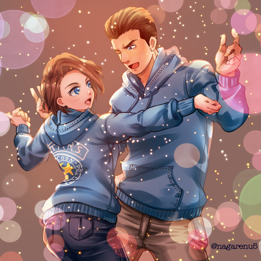 nagare, chris redfield, jill valentine, resident evil, 1boy, 1girl, artist name, black hair, blue eyes, blue hoodie, blue pants, brown hair, denim, grey background, hood, hoodie, jeans, one eye closed, open mouth, pants, smile