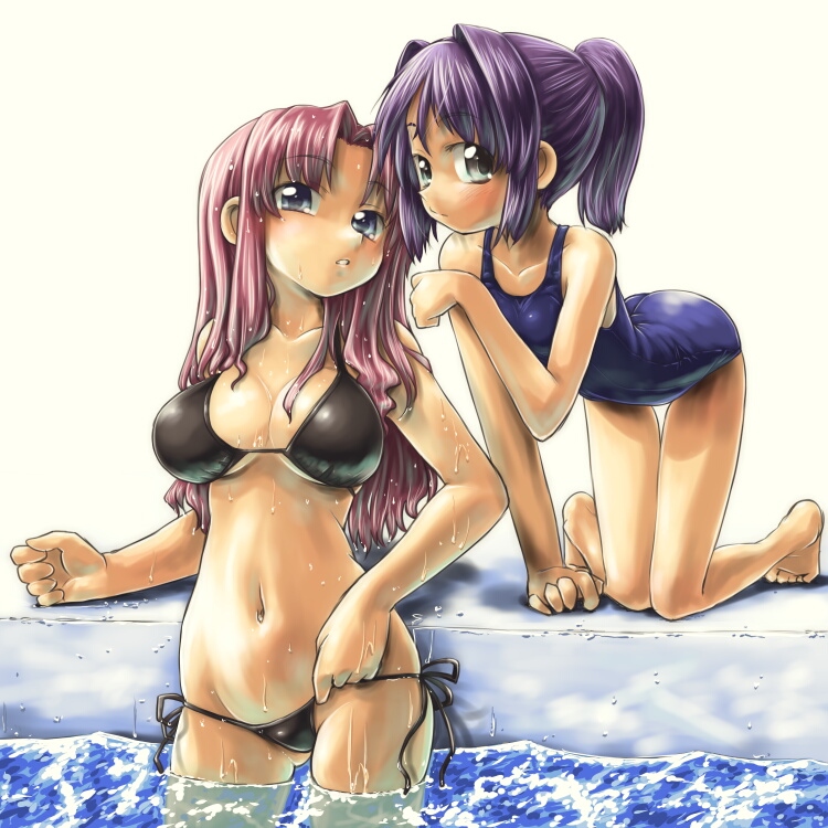dd (ijigendd), original, bad id, bad pixiv id, 2girls, adjusting clothes, adjusting swimsuit, all fours, barefoot, bikini, black bikini, blush, breasts, cleavage, flat chest, large breasts, long hair, multiple girls, navel, one-piece swimsuit, pink hair, ponytail, pool, poolside, purple hair, school swimsuit, short ponytail, side-tie bikini bottom, swimsuit, wading, water, wet