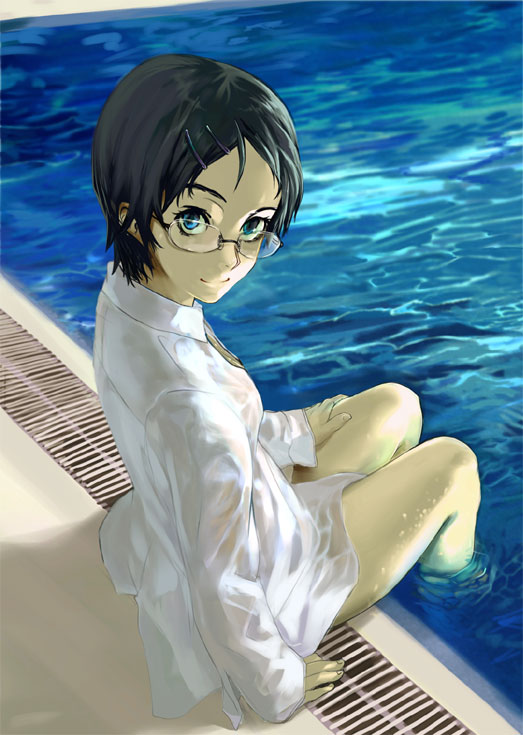 shirabi, original, hand on thigh, 1girl, black hair, blue eyes, dress shirt, female focus, from side, glasses, hair ornament, hairclip, looking at viewer, pool, poolside, see-through clothes, shirt, short hair, sitting, smile, soaking feet, solo, water, wet, wet clothes