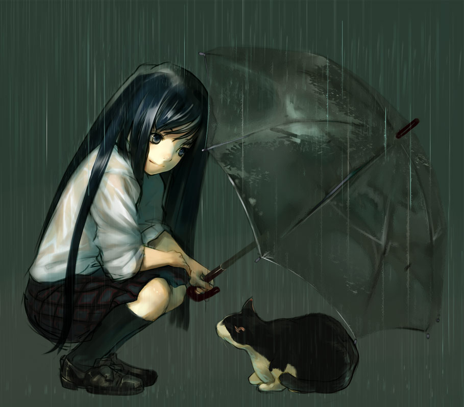 shirabi, original, 1girl, black hair, cat, female focus, long hair, rain, school uniform, sitting, smile, solo, transparent, transparent umbrella, umbrella, wet