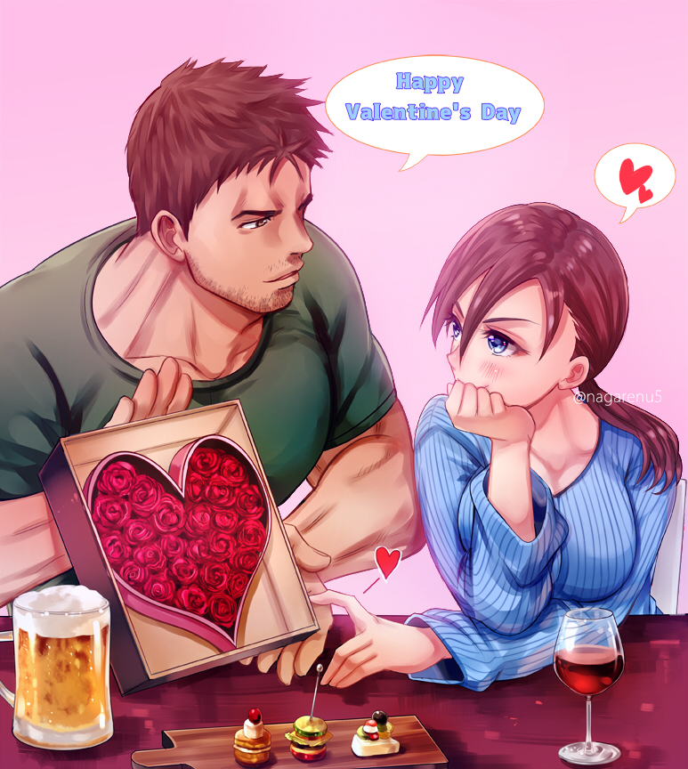 nagare, chris redfield, jill valentine, resident evil, 1boy, 1girl, artist name, beer mug, blue eyes, blush, box, brown hair, cup, drinking glass, flower, green shirt, happy valentine, heart, heart-shaped box, mug, pink background, red flower, red rose, rose, shirt, simple background, speech bubble, valentine, wine glass
