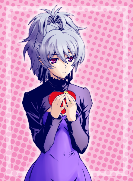 mutsuki ginji, yin (darker than black), darker than black, silver hair, 00s, 1girl, dress, female focus, hair ribbon, long hair, ponytail, purple dress, purple eyes, ribbon, solo, valentine