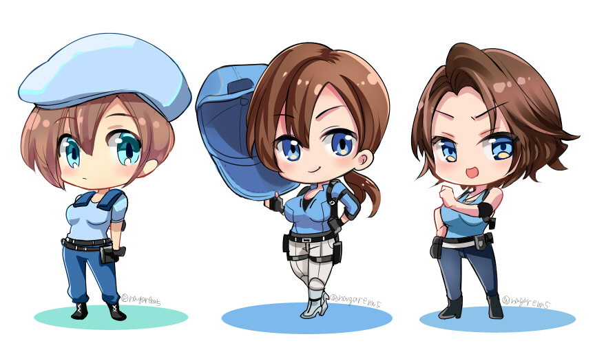 nagare, jill valentine, resident evil, resident evil 1, resident evil 3: nemesis, resident evil 3 (remake), resident evil 5, artist name, beret, blue eyes, blue hat, blue shirt, brown hair, chibi, hat, multiple persona, pants, ponytail, shirt, shoulder pads, smile