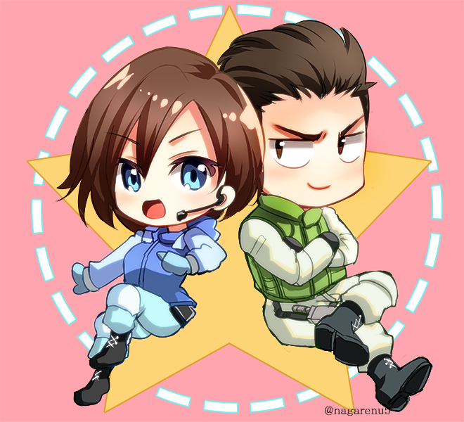 nagare, chris redfield, jill valentine, resident evil, resident evil 1, 1boy, 1girl, artist name, black hair, blue eyes, blue jacket, boots, brown hair, chibi, crossed arms, headset, jacket, open mouth, pink background, smile, star (symbol)