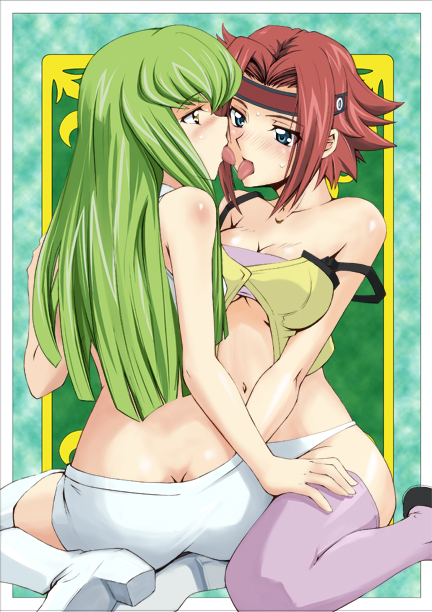 mutsuki ginji, c.c., kouzuki kallen, code geass, white legwear, 00s, 2girls, ass, bare shoulders, blue eyes, boots, breasts, butt crack, cleavage, green hair, headband, kiss, large breasts, long hair, midriff, multiple girls, panties, red hair, short hair, strap slip, thigh boots, thighhighs, tongue, underboob, underwear, white panties, yellow eyes, yuri