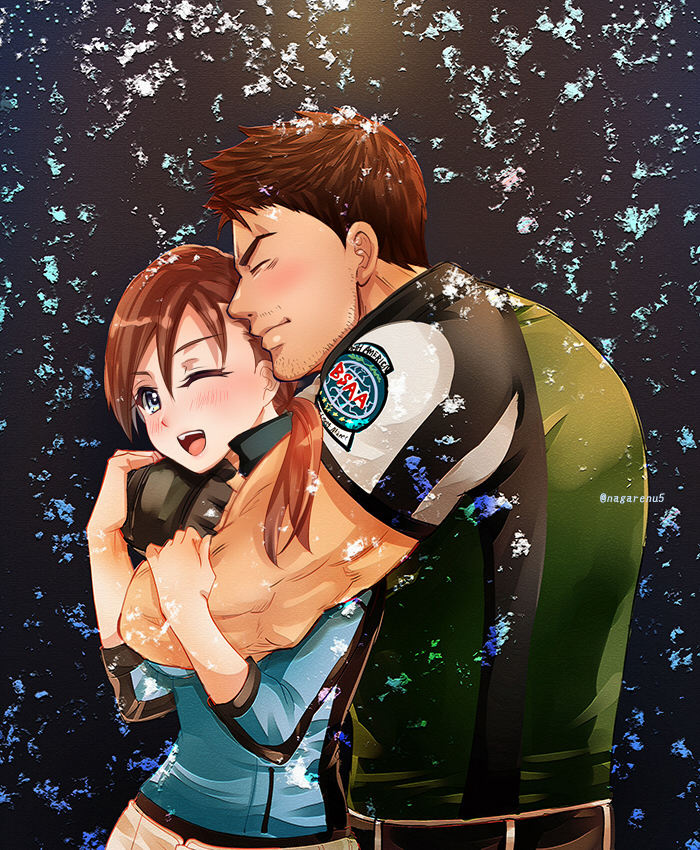 nagare, chris redfield, jill valentine, resident evil, resident evil 5, 1boy, 1girl, artist name, beard stubble, blue eyes, blush, brown hair, facial hair, hug, hug from behind, one eye closed, open mouth, smile, stubble