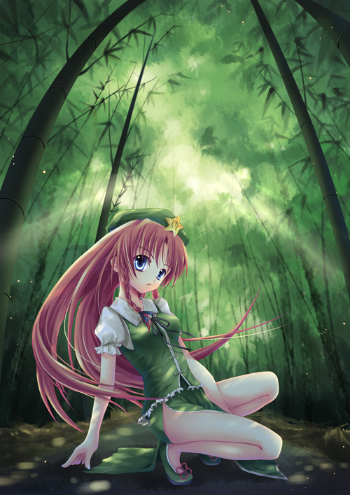 sousouman, hong meiling, touhou, bad id, bad pixiv id, 1girl, arm support, bamboo, bamboo forest, blue eyes, braid, china dress, chinese clothes, dress, female focus, forest, hat, long hair, nature, red hair, ribbon, solo, squatting, twin braids