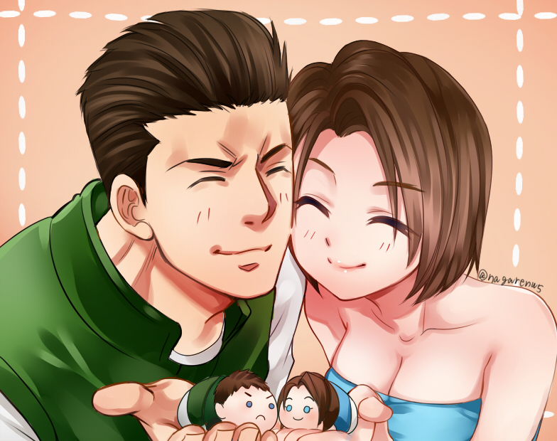 nagare, chris redfield, jill valentine, resident evil, 1boy, 1girl, artist name, black hair, breasts, brown hair, cleavage, closed eyes, pink background, simple background, smile, stuffed toy