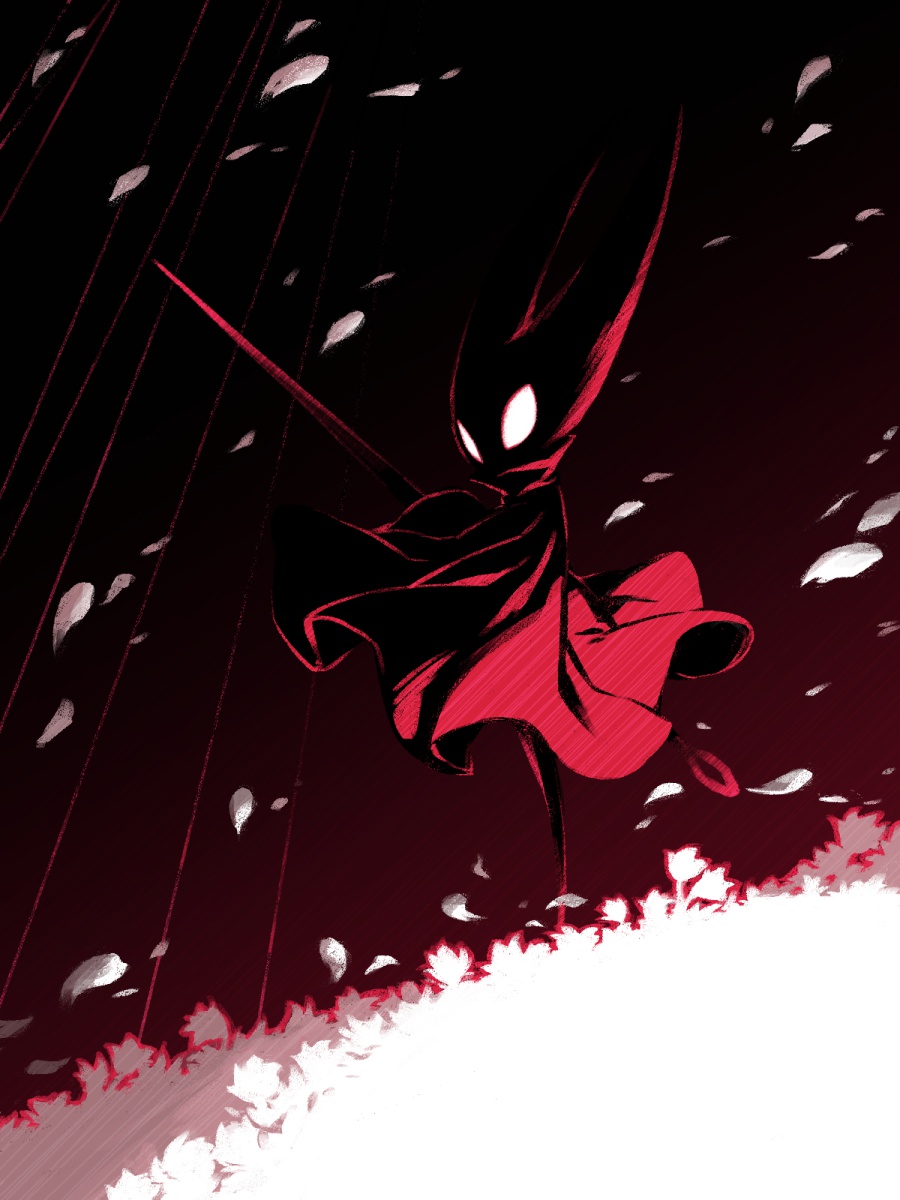 fuifui, hornet (hollow knight), hollow knight, hollow knight: silksong, highres, 1girl, arthropod girl, cloak, falling petals, flower, holding, holding weapon, horned mask, looking at viewer, mask, monochrome, needle (hollow knight), petals, red cloak, red theme, solo, weapon, white flower, white petals