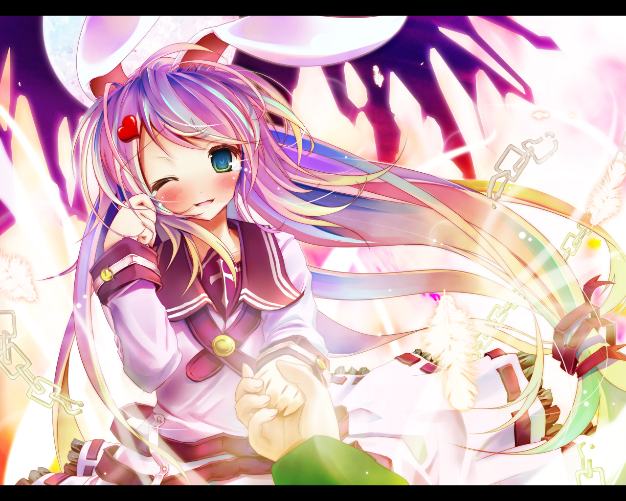 scarlet (studioscr), ichigaya hiroki, shiro (e.a.r.t.h), e.a.r.t.h, bad id, bad pixiv id, 1girl, ;d, ahoge, animal ears, blush, chain, collarbone, crying, crying with eyes open, feathers, female focus, floating hair, gradient hair, green eyes, heart, holding hands, letterboxed, long hair, long sleeves, looking at viewer, multicolored hair, one eye closed, open mouth, pov, rabbit ears, sailor collar, school uniform, serafuku, smile, solo, solo focus, tears, white hair, wind