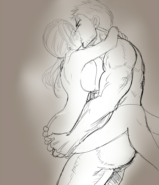 nagare, chris redfield, jill valentine, resident evil, 1boy, 1girl, ass, beard stubble, breasts, closed eyes, completely nude, facial hair, french kiss, from side, grey background, kiss, long hair, nude, ponytail, sex, sketch, stubble