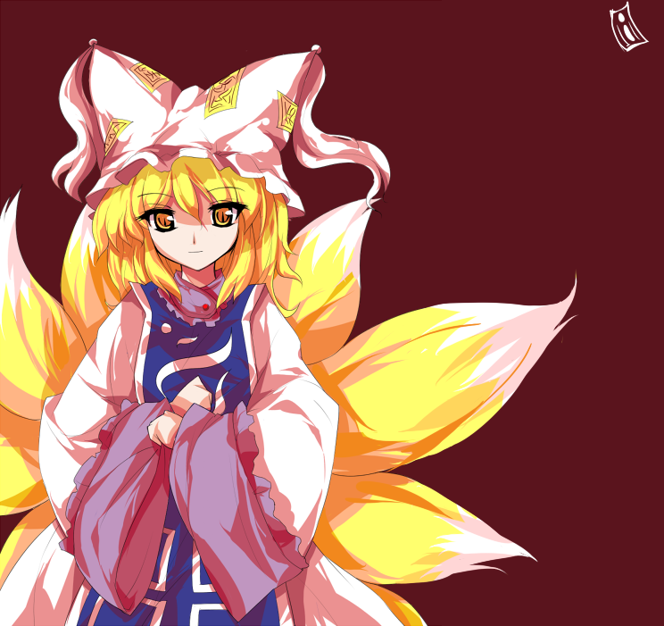 ideolo, yakumo ran, touhou, 1girl, alphes (style), animal ears, animal hat, blonde hair, female focus, fox ears, fox tail, hat, long sleeves, mob cap, multiple tails, parody, short hair, solo, style parody, tail, tassel, wide sleeves
