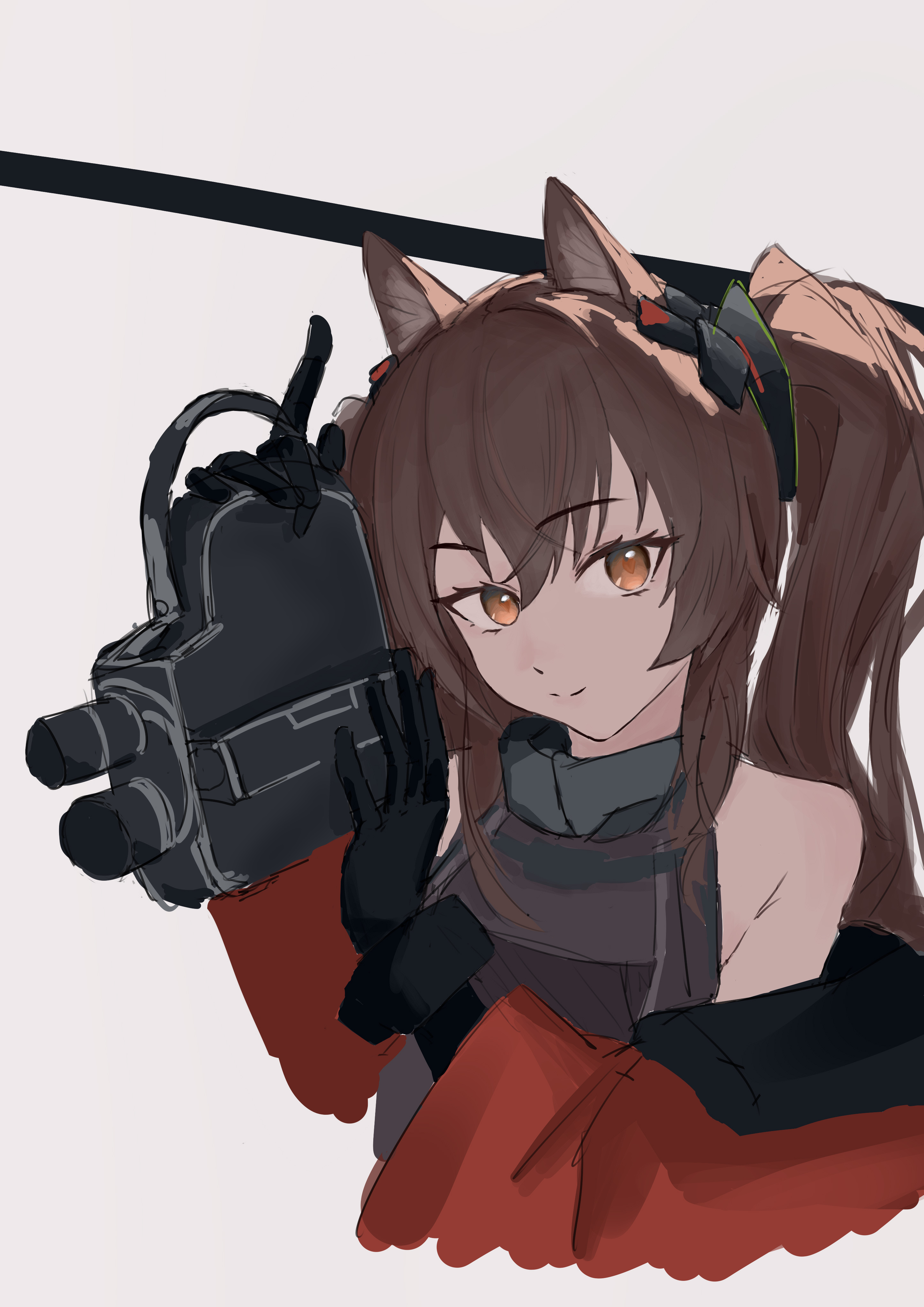 yunku099, angelina (arknights), gilberta (arknights), arknights, arknights: endfield, absurdres, chinese commentary, commentary request, highres, 1girl, animal ears, bare shoulders, black gloves, brown hair, camera, cropped torso, fox ears, fox girl, gloves, hair between eyes, headpiece, holding, holding camera, long hair, looking at viewer, off shoulder, smile